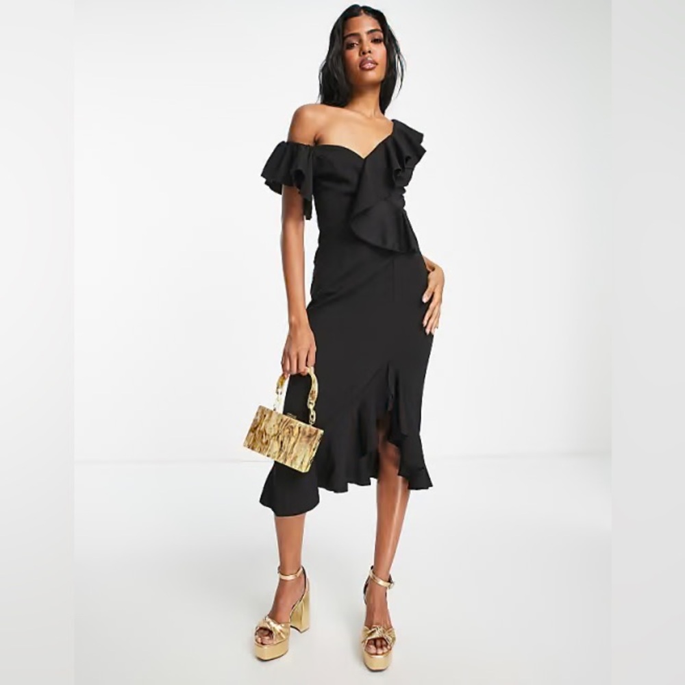 Little Mistress Black One Shoulder Midi Dress